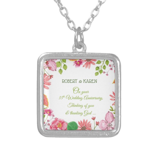 Religious 35th Wedding Anniversary Flowers Silver Plated Necklace (Front)