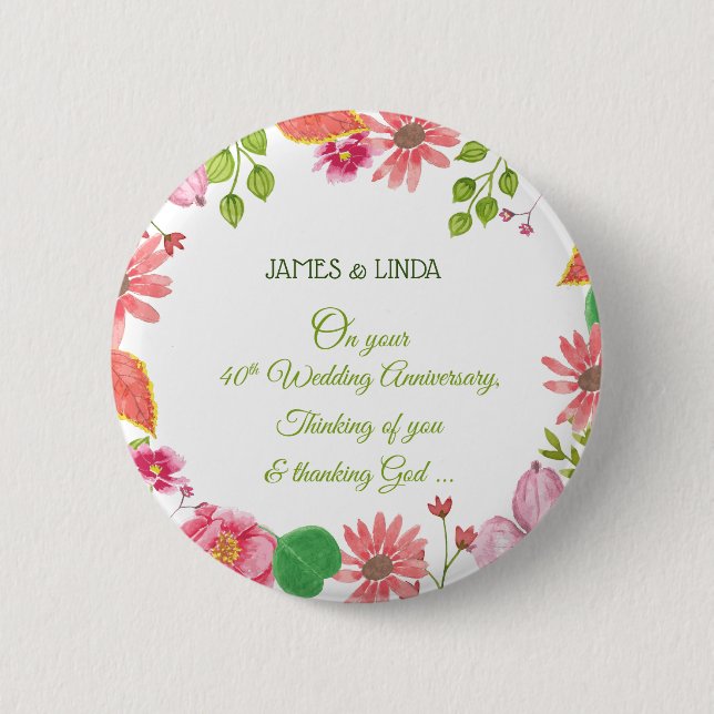 Religious 40th Wedding Anniversary Flowers Button (Front)
