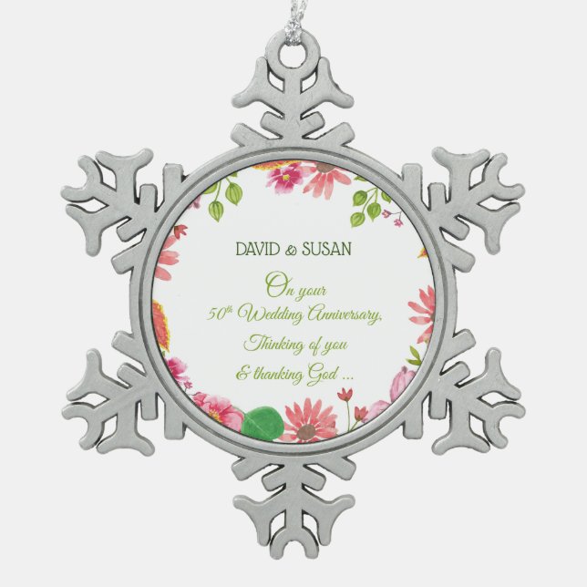 Religious 50th Wedding Anniversary Flowers Snowflake Pewter Christmas Ornament (Front)