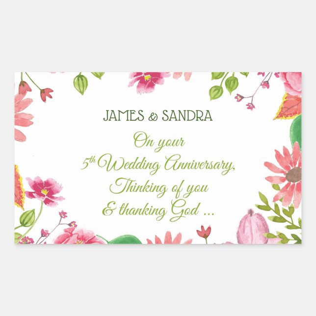 Religious 5th Wedding Anniversary Flowers Rectangular Sticker (Front)
