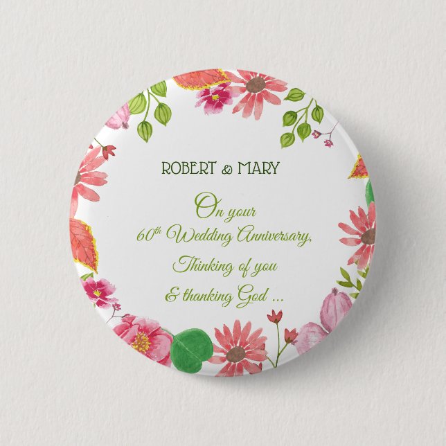 Religious 60th Wedding Anniversary Flowers Button (Front)