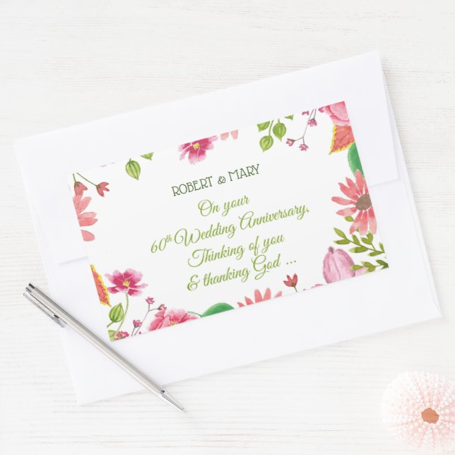 Religious 60th Wedding Anniversary Flowers Rectangular Sticker (Envelope)