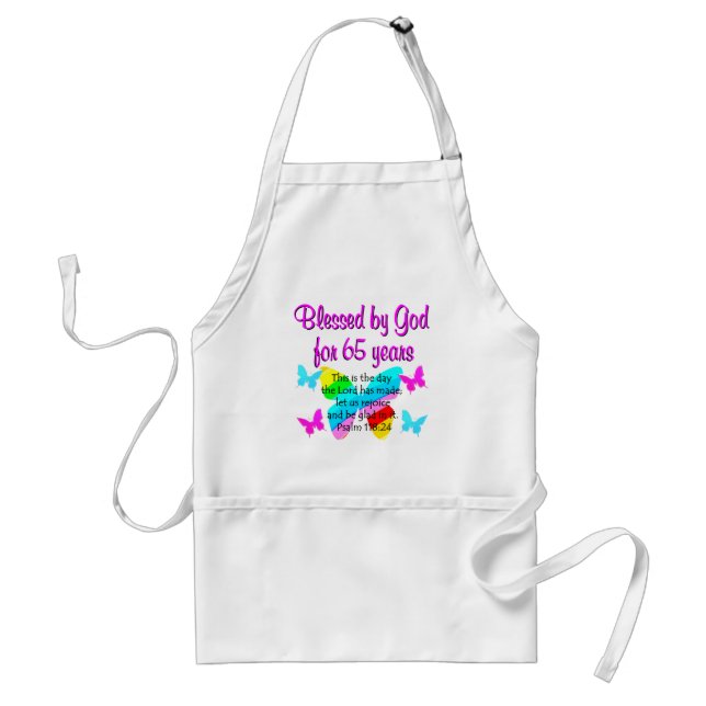 RELIGIOUS 65TH BIRTHDAY BUTTERFLY DESIGN ADULT APRON (Front)