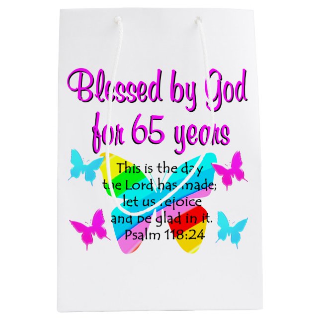 RELIGIOUS 65TH BIRTHDAY BUTTERFLY DESIGN MEDIUM GIFT BAG (Front)