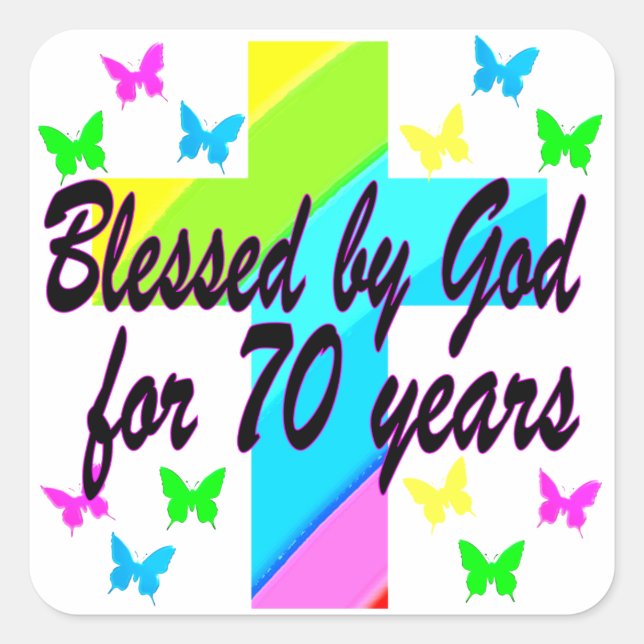 RELIGIOUS 70TH BIRTHDAY CROSS DESIGN SQUARE STICKER (Front)