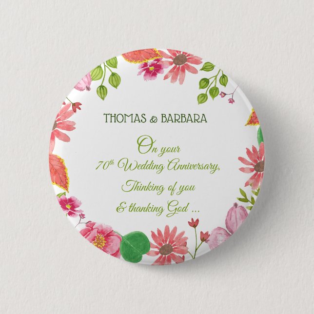 Religious 70th Wedding Anniversary Flowers Button (Front)