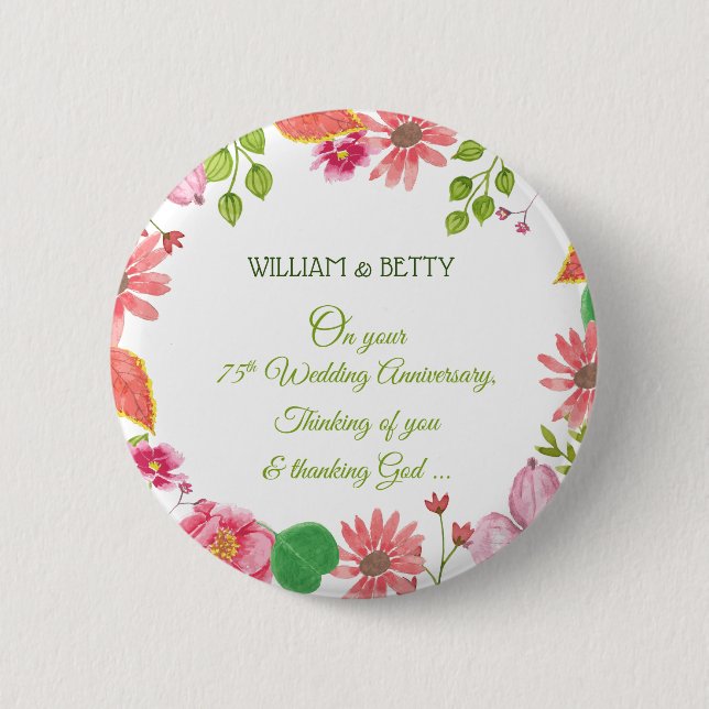 Religious 75th Wedding Anniversary Flowers Button (Front)