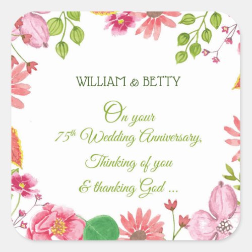 Religious 75th Wedding Anniversary Flowers Square Sticker