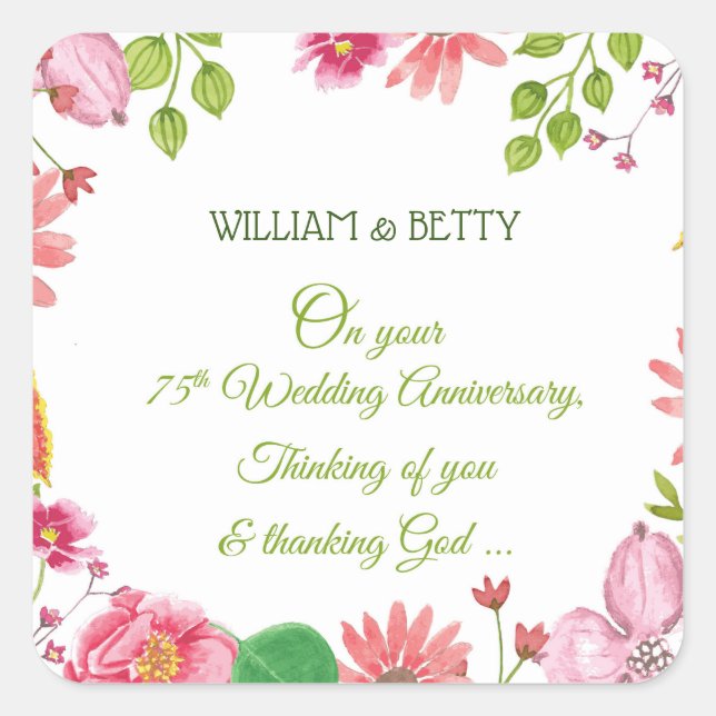 Religious 75th Wedding Anniversary Flowers Square Sticker (Front)