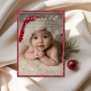 Religious Adore Him Newborn Baby Christmas Plaid Holiday Card
