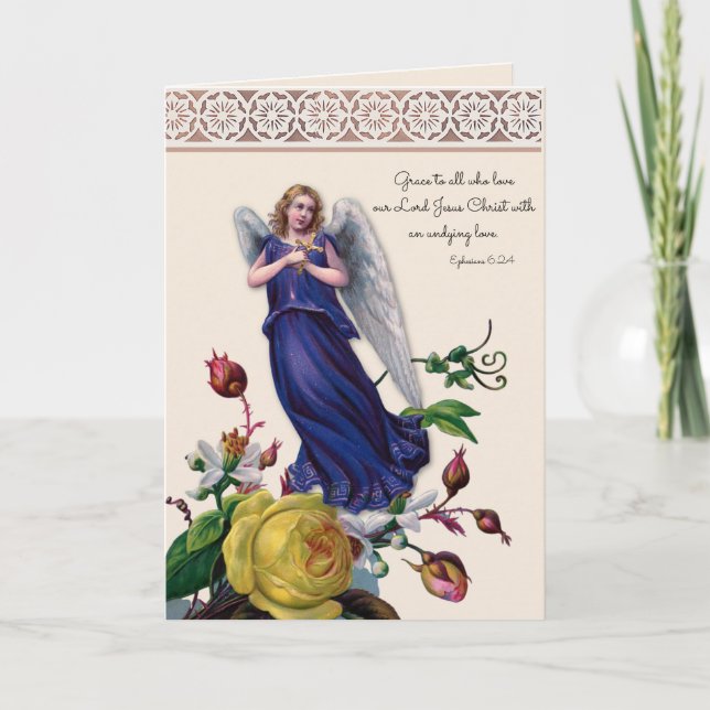 Religious Angel with Crucifix Jesus Floral Card (Front)