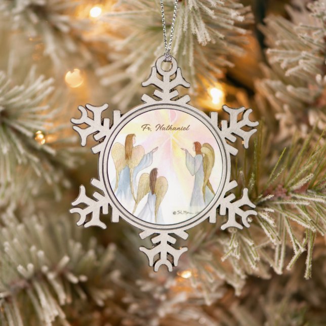 Religious Angels Personalized Snowflake Pewter Christmas Ornament (Tree)