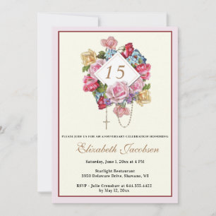 Religious Anniversary Rosary Catholic Floral Invitation