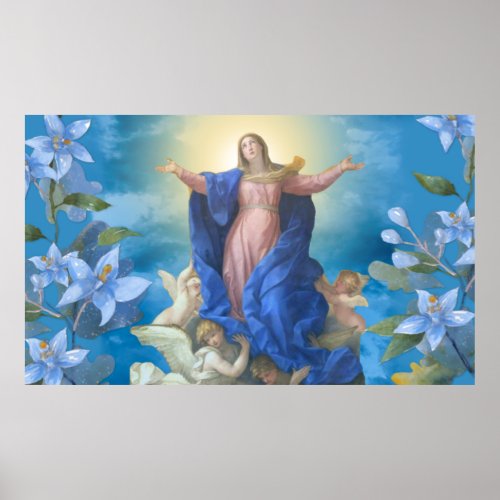 Religious Assumption of Mary Angels Blue Floral Ba Poster