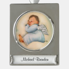 Religious Baby Boy Angel Sleeping Silver Plated Banner Ornament at Zazzle