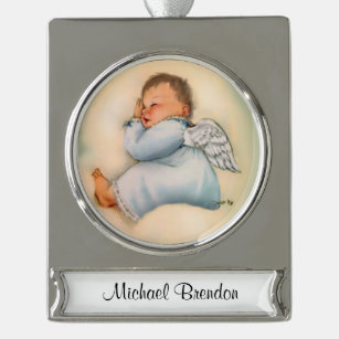 Religious Baby Boy Angel Sleeping Silver Plated Banner Ornament