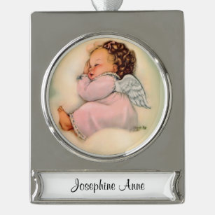 Religious Baby Girl Angel Sleeping Silver Plated Banner Ornament