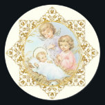 Religious Baby Jesus Christmas Angels Pink Roses  Classic Round Sticker<br><div class="desc">A beautiful vintage traditional Catholic image of the  and the Baby Jesus with two vintage angels praying accented with gold starred background.</div>