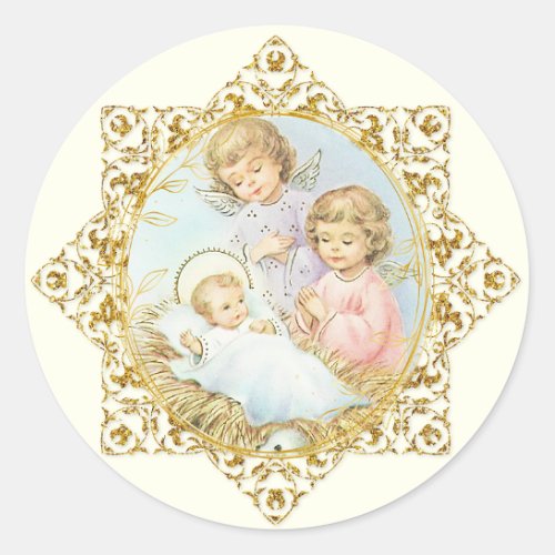 Religious Baby Jesus Christmas Angels Pink Roses  Classic Round Sticker
