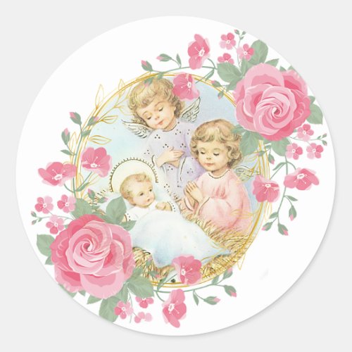 Religious Baby Jesus Christmas Angels Pink Roses Classic Round Sticker