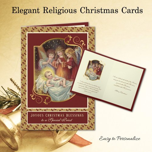 Religious Baby Jesus Christmas Angels Priest Holiday Card