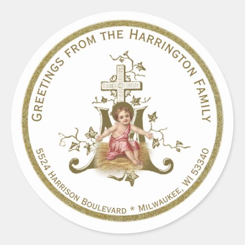 Religious Baby Jesus Christmas Gold Marian Cross Classic Round Sticker