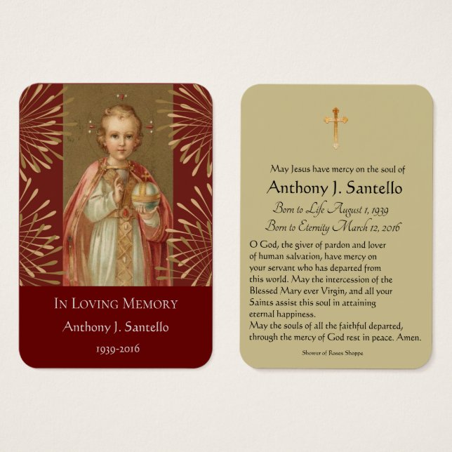Religious Baby Jesus Funeral Memorial Holy Card (Front & Back)