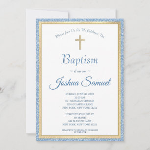 Religious Baptism Blue Glitter Gold Cross Boy Invitation