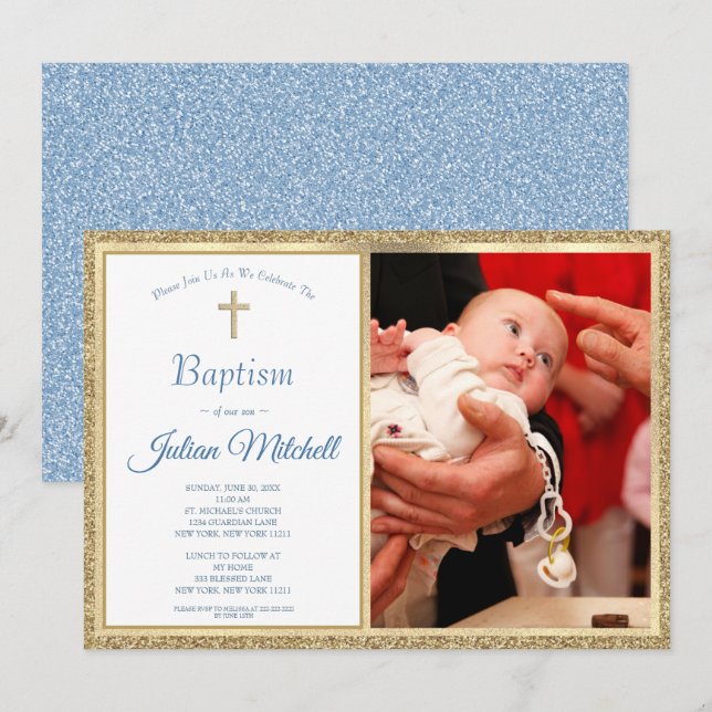 Religious Baptism Christening Gold Blue Baby Boy Invitation (Front/Back)
