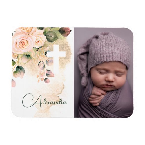 Religious Baptism Christening Photo Pink Roses Magnet
