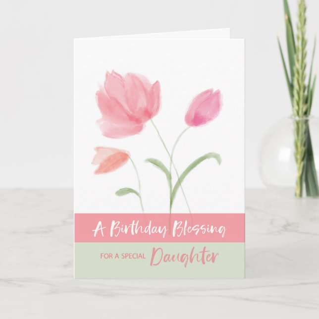 Religious Birthday Daughter Blessing Pink Flowers Card (Front)