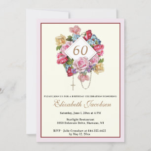 Religious Birthday Rosary Catholic Floral  Invitation
