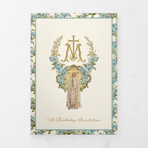 Religious Birthday Virgin Mary Blue Floral  Tri_Fold Invitation
