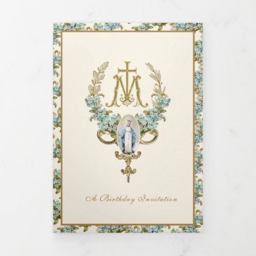 Religious Birthday Virgin Mary Blue Floral Tri_Fold Invitation