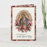 Religious Birthday Virgin Mary Guadalupe Roses Card<br><div class="desc">Featuring a beautiful traditional Catholic religious image of the the Blessed Virgin Mary,  Our Lady of Guadalupe with red and pink roses.     A scripture verse is on the inside with the customizable verse.  All text and fonts may be modified to suit the occasion and recipient.</div>