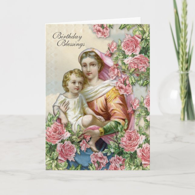 Religious Birthday Virgin Mary Jesus Pink Roses Card (Front)