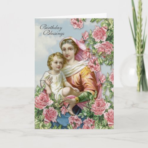 Religious Birthday Virgin Mary Jesus Pink Roses Card