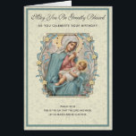 Religious Birthday Virgin Mary Jesus Scripture<br><div class="desc">This custom designed birthday card features a vintage Catholic religious image of the Blessed Virgin Mary and the Baby Jesus,  the Sacred Heart. A Scripture verse is on the front along with a birthday verse inside. All text and fonts can be modified.</div>