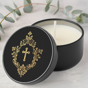 Religious Black Faux Gold Cross in Crest Elegant Mini Candle Favors