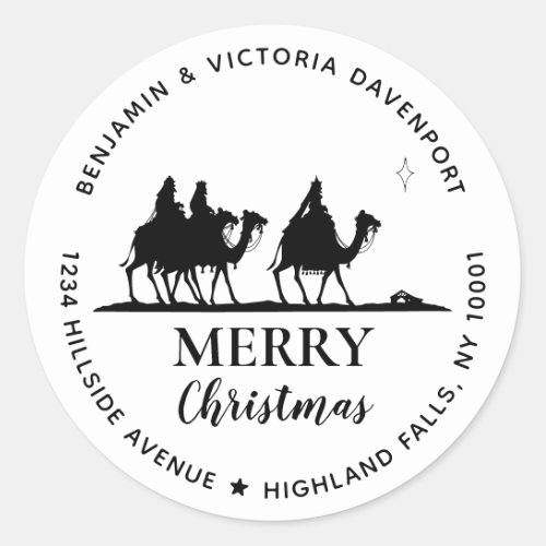 Religious Black Merry Christmas Return Address Classic Round Sticker