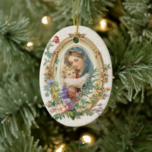 Religious Blessed Mother Mary and Jesus Floral Ceramic Ornament