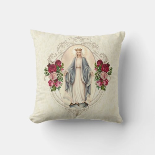 Religious Blessed Virgin Mary Catholic Roses Throw Pillow