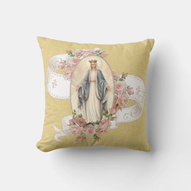 Religious Blessed Virgin Mary Catholic Roses Throw Pillow (Front)