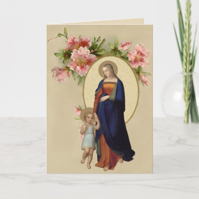 Religious Blessed Virgin Mary Jesus Floral Card (Front)