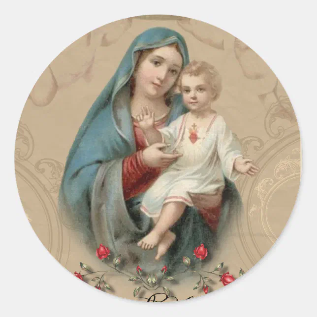 Religious Blessed Virgin Mary Jesus Roses Vintage Classic Round Sticker ...