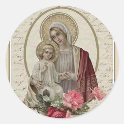 Religious Blessed Virgin Mary Jesus Vintage Roses Classic Round Sticker