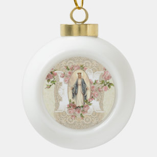 Religious Blessed Virgin Mary Vintage Roses Lace Ceramic Ball Christmas Ornament