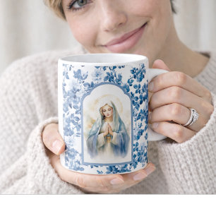 Religious Blue Floral Blessed Mother Mary Coffee Mug