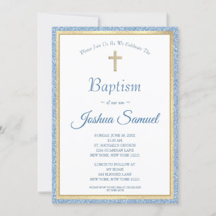 Religious Blue Glitter Gold Cross Boy Baptism Invitation