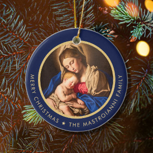 Religious Blue & Gold Madonna & Child Christmas Ceramic Ornament